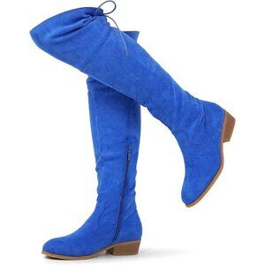 Women's Blue Faux Suede Thigh High Over The Knee Black Low Flat Heel Boots